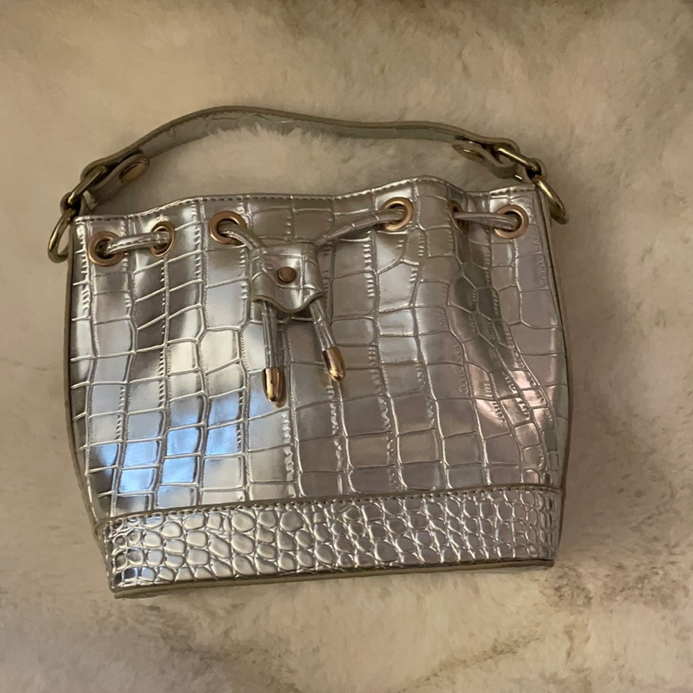 Micro Bucket Faux Croc Metallic Silver Bag